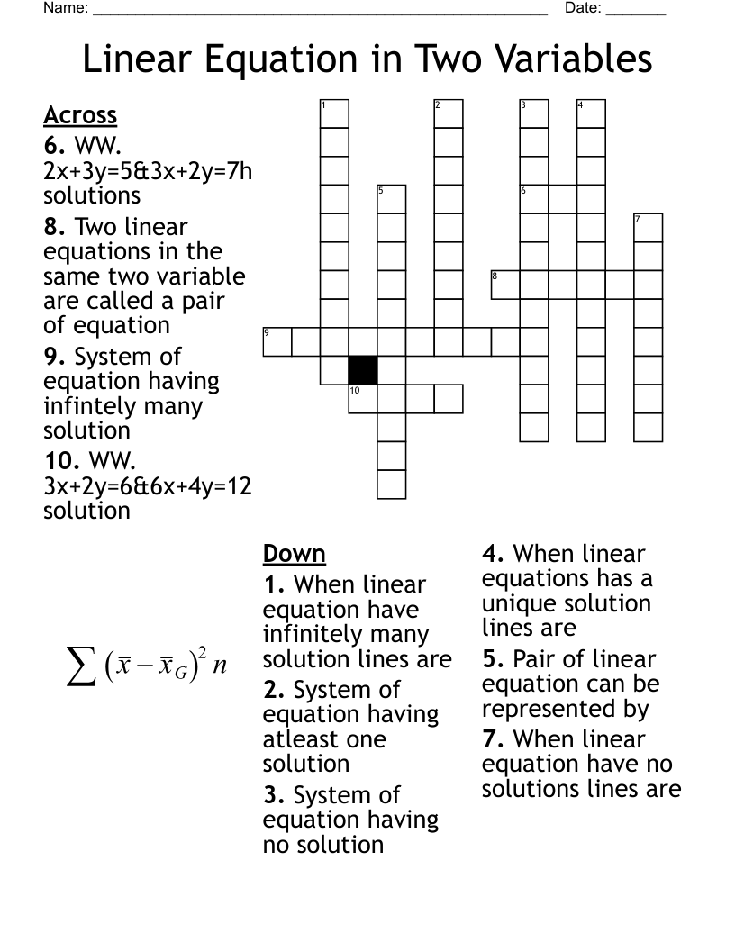 Linear Equation In Two Variables Crossword WordMint