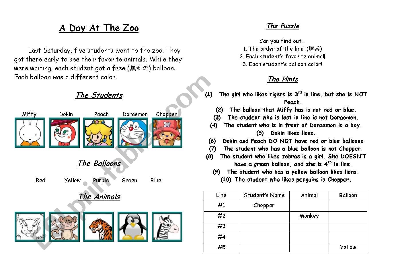 Logic Puzzle Worksheets Zoo Answers