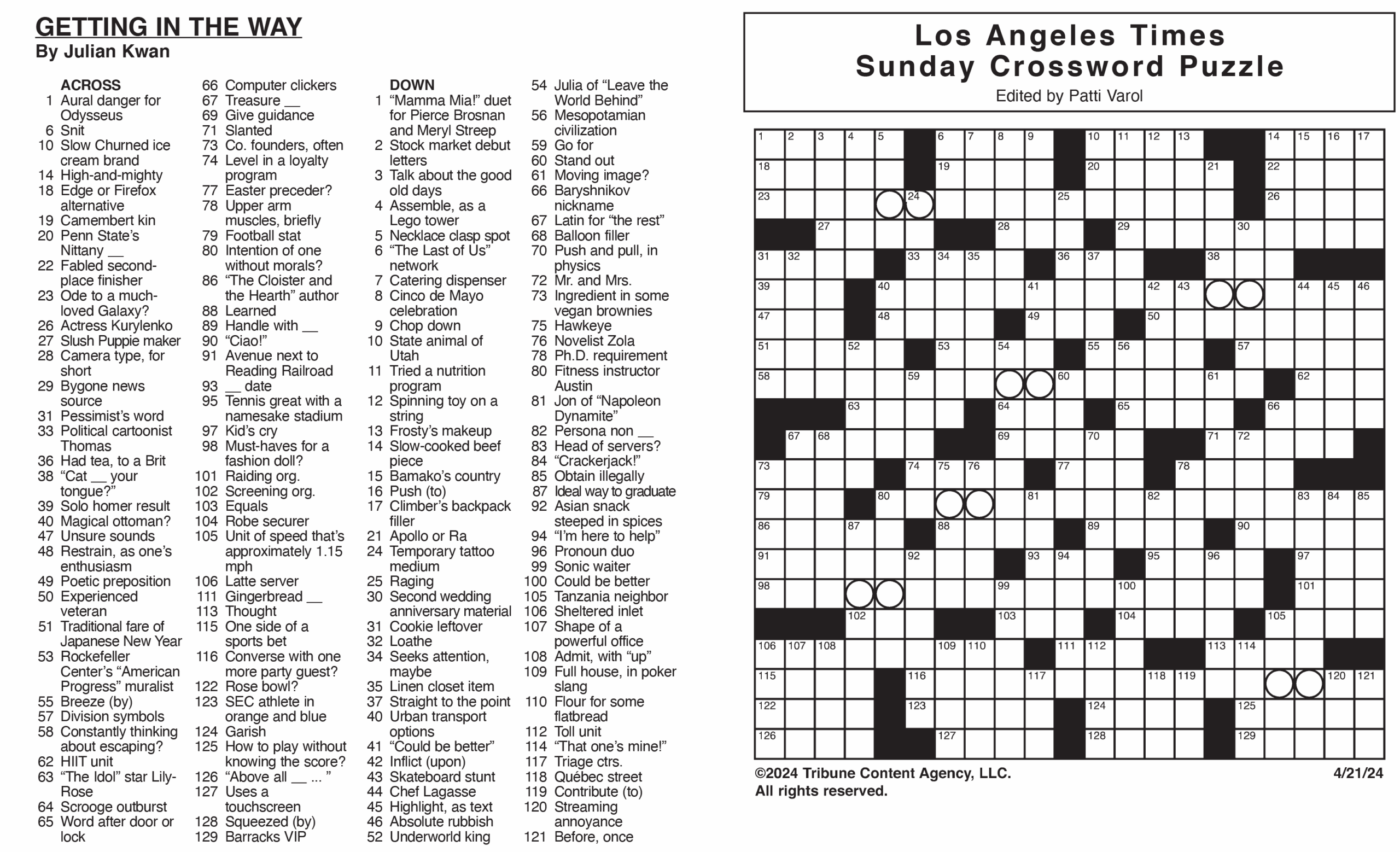 Los Angeles Times Sunday Crossword Puzzle Tribune Content 