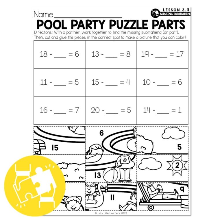 Lucky To Learn Math 1st Grade Lesson 3 9 Missing Subtrahend Collaboration Pool Party Puzzle Parts Lucky Little Learners