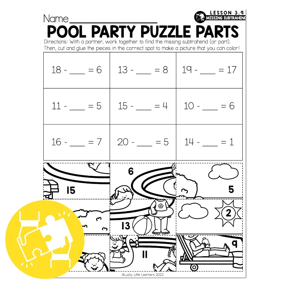 Lucky To Learn Math 1st Grade Lesson 3 9 Missing Subtrahend Collaboration Pool Party Puzzle Parts Lucky Little Learners Lucky To Learn Math 1st Grade Lesson 3 9 Missing Subtrahend Collaboration Pool Party Puzzle Parts Lucky Little Learners