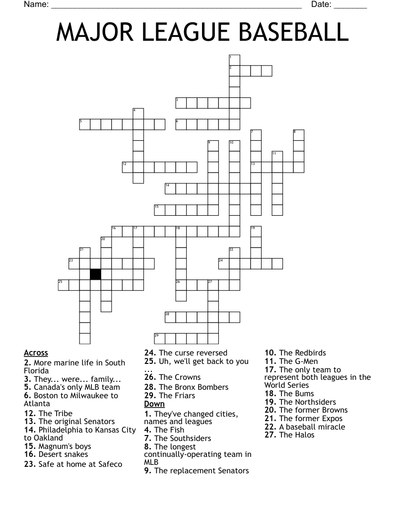 MAJOR LEAGUE BASEBALL Crossword WordMint Worksheets Library