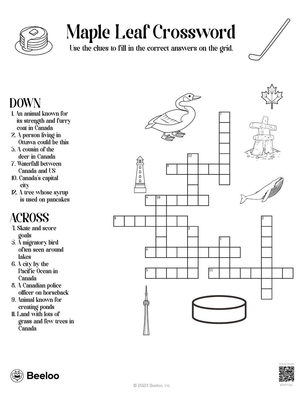 Maple Leaf Crossword Beeloo Printable Crafts And Activities For Kids
