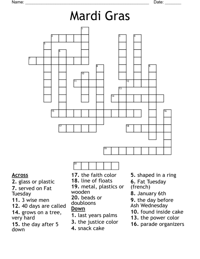 Mardi Gras Crossword WordMint
