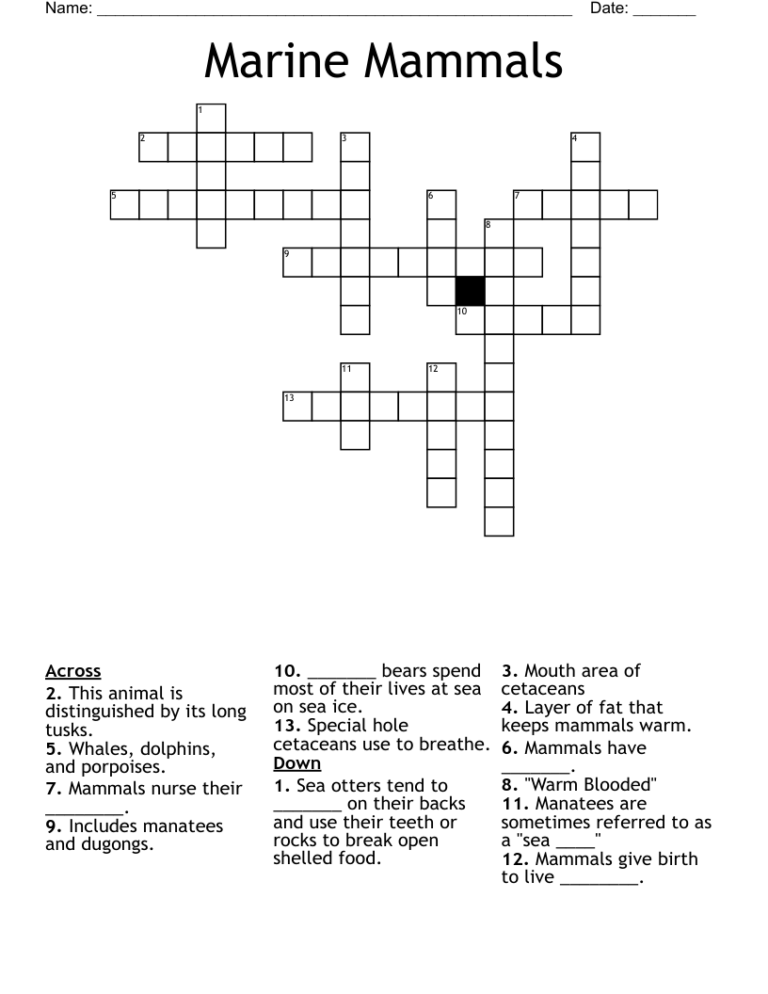 Marine Mammals Crossword WordMint