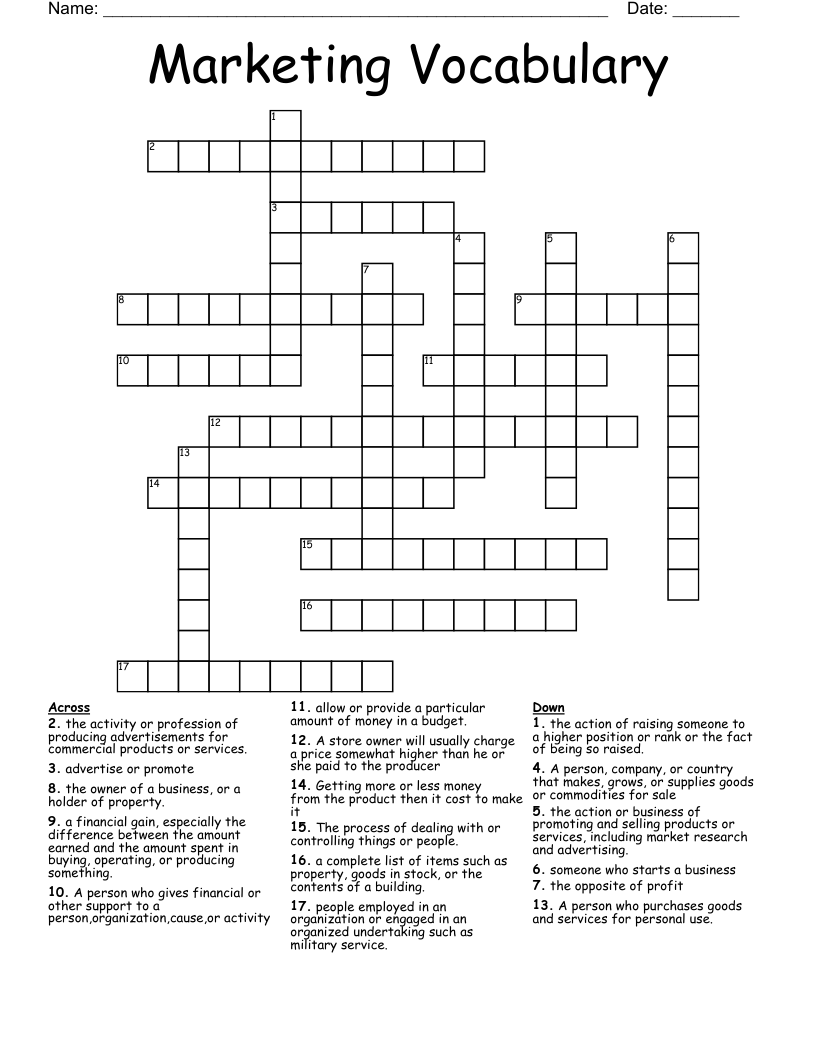 Marketing Vocabulary Crossword WordMint