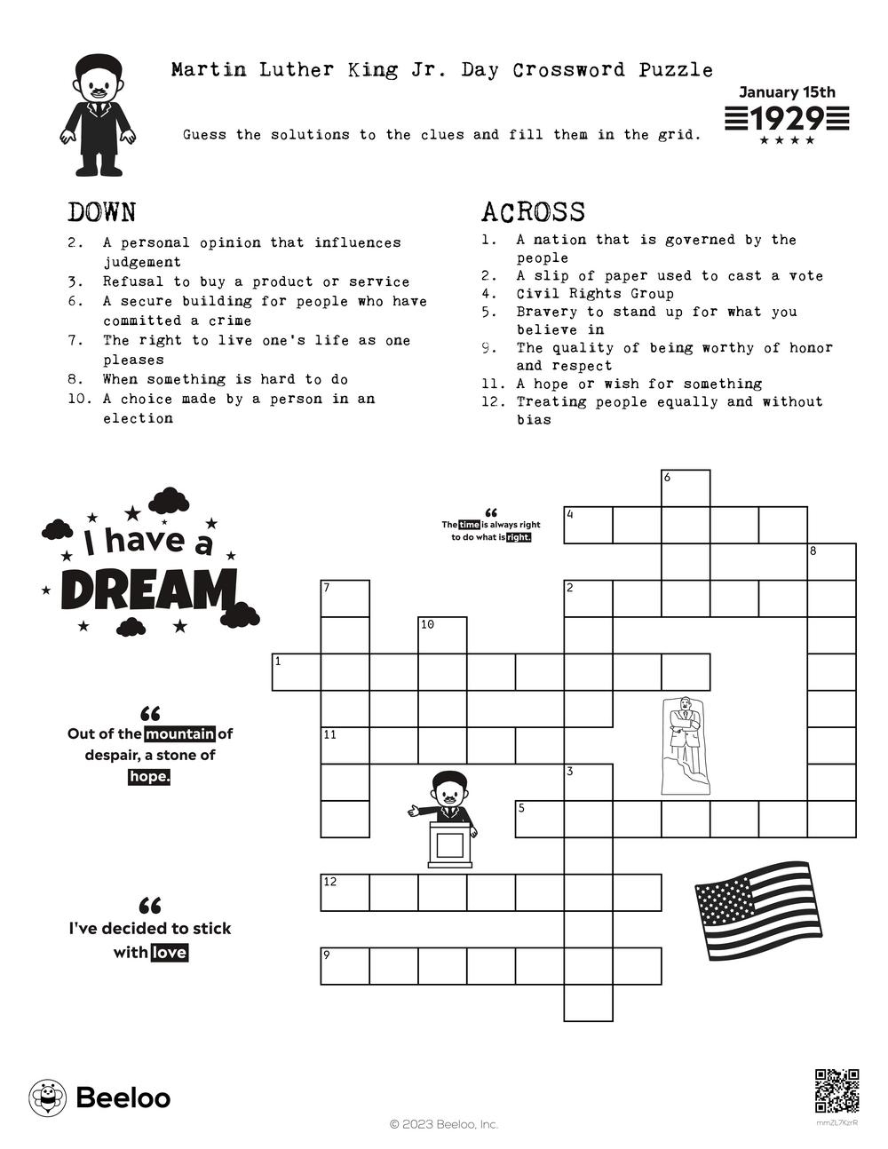 Martin Luther King Jr Day Crossword Puzzle Beeloo Printable Crafts And Activities For Kids