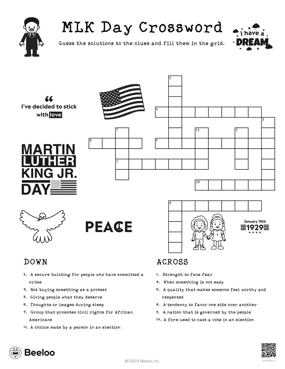 Martin Luther King Jr Day themed Crossword Puzzles Beeloo Printable Crafts And Activities For Kids