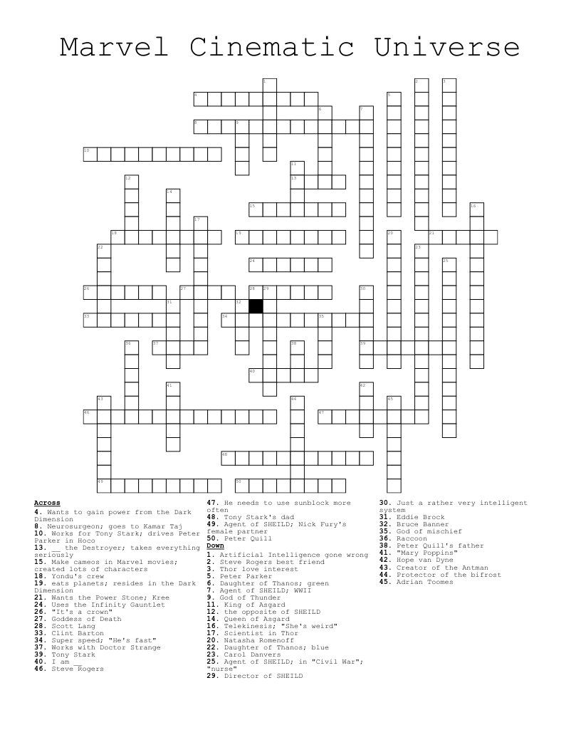 Marvel Cinematic Universe Crossword WordMint