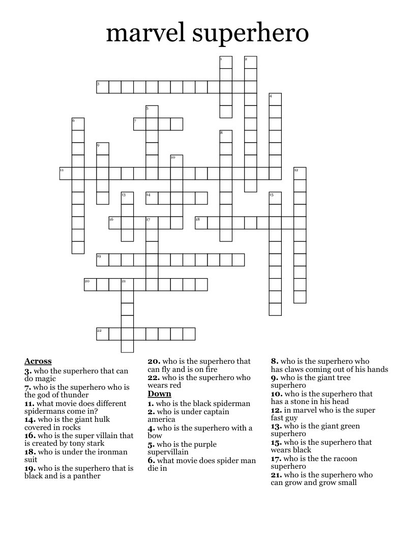Marvel Superhero Crossword WordMint