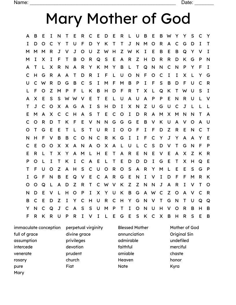 Mary Crossword Puzzle Printable