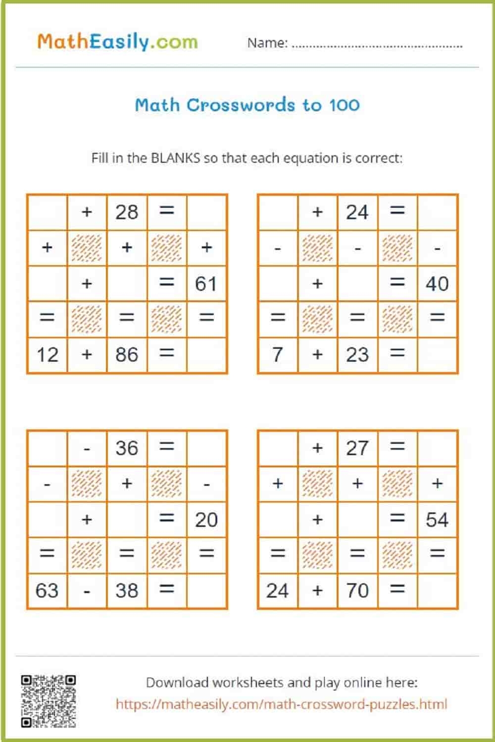 Math Crossword Game Addition And Subtraction