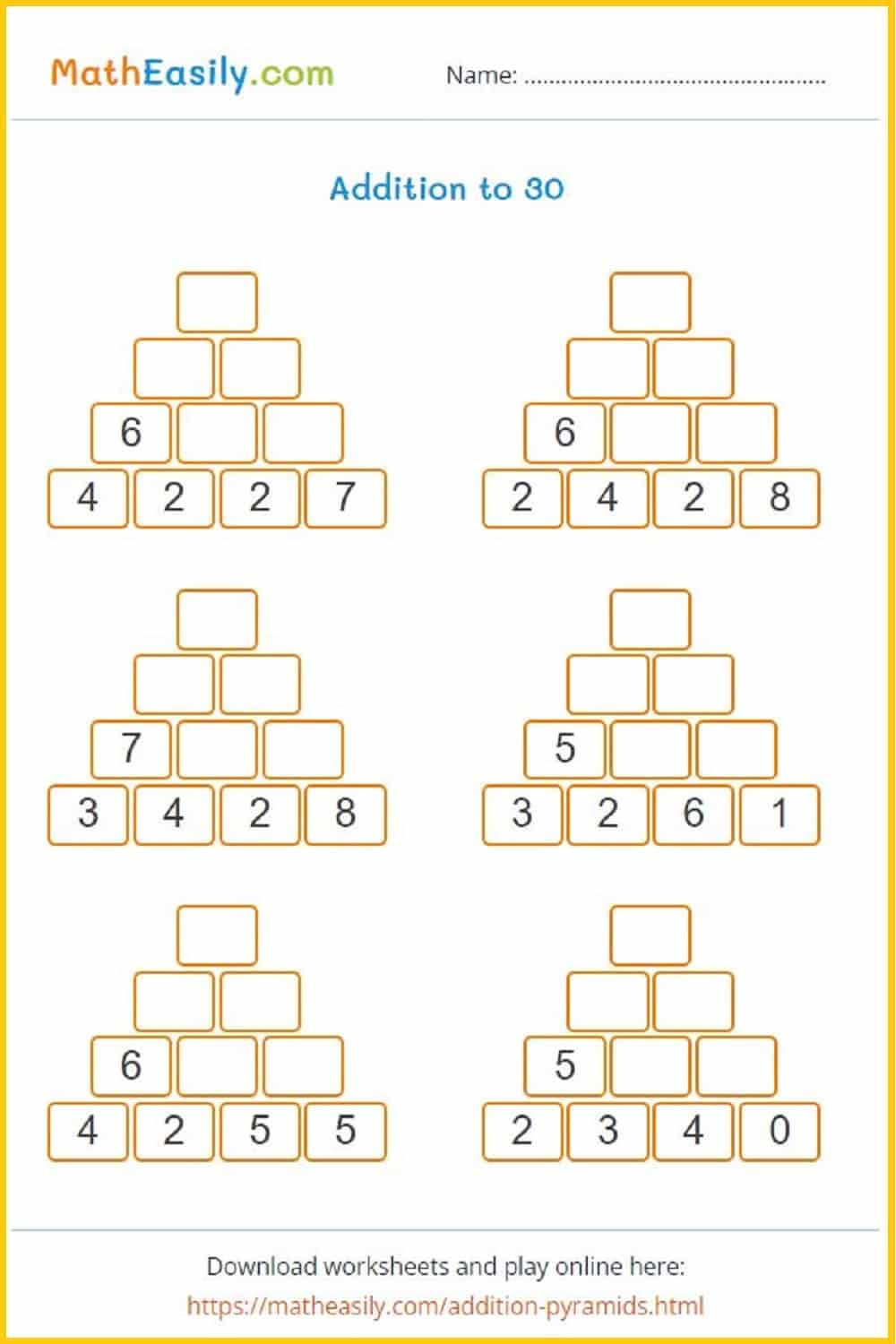 Math Number Pyramid Puzzle Game Worksheets