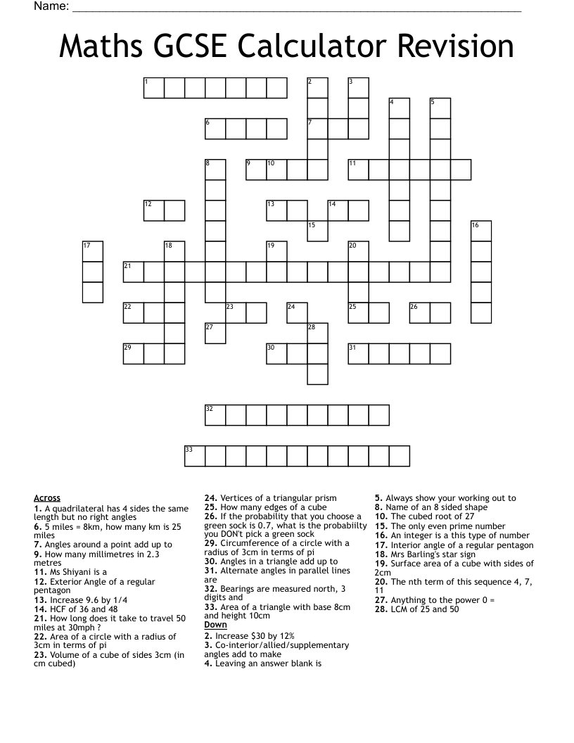Maths GCSE Calculator Revision Crossword WordMint