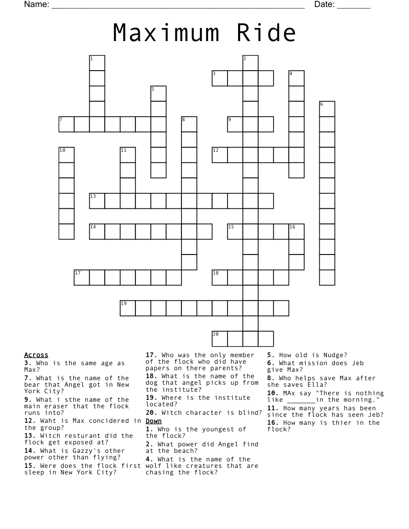 Maximum Ride Crossword WordMint Maximum Ride Crossword WordMint