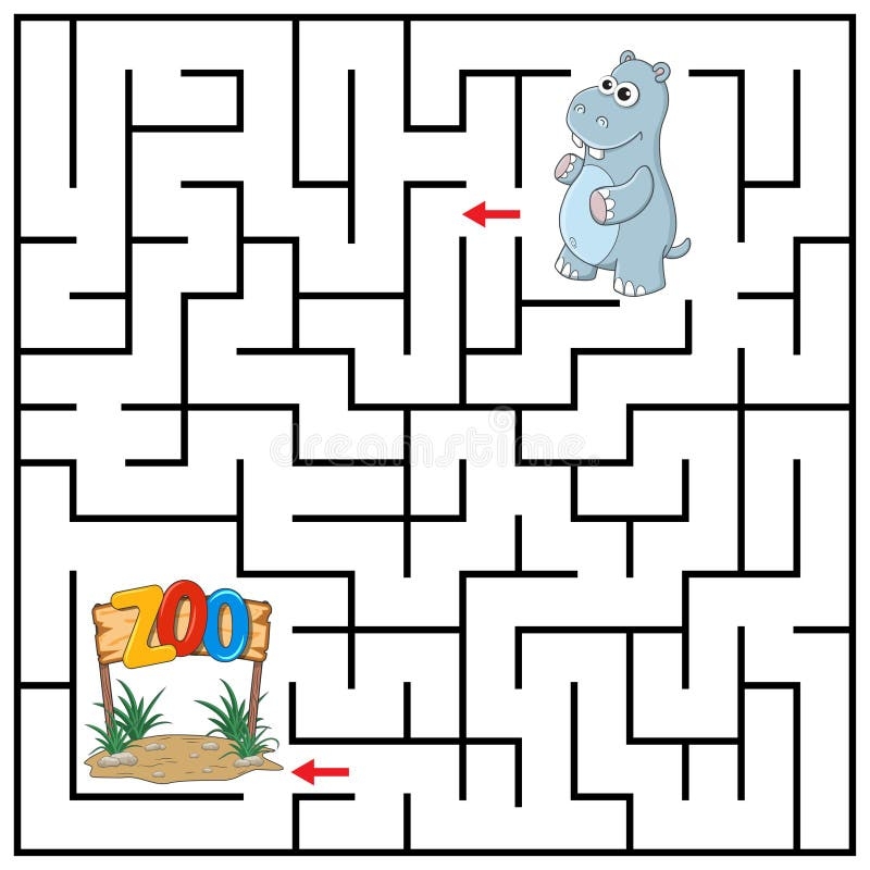 Maze Or Labyrinth For Children With Cartoon Hippo Find Right Way To The Zoo Answer Under The Layer Square Puzzle Game Stock Vector Illustration Of Template Young 239519614