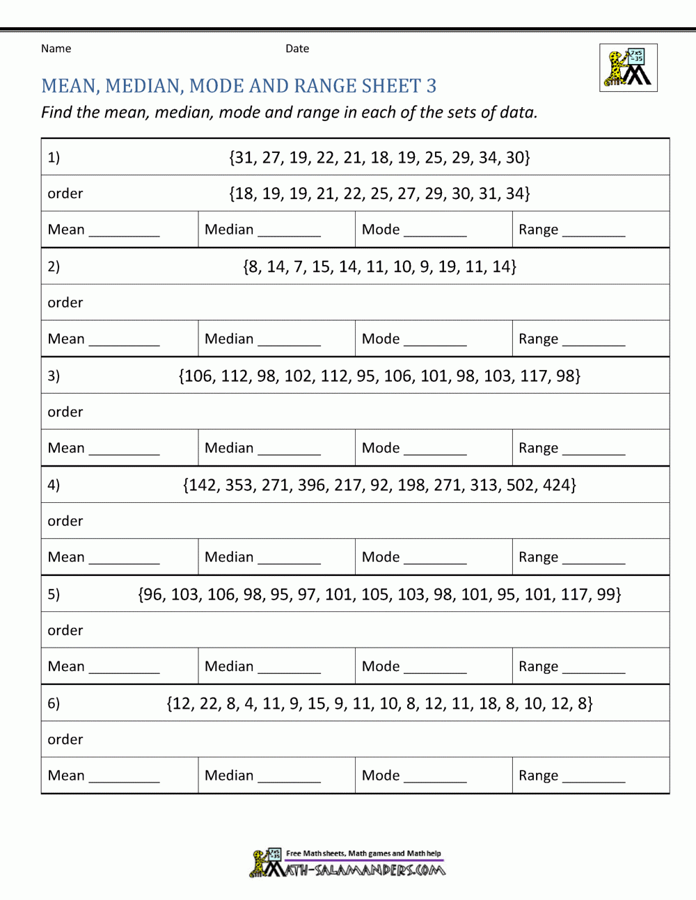 Mean Median Mode Range Worksheets Mean Median Mode Range Worksheets