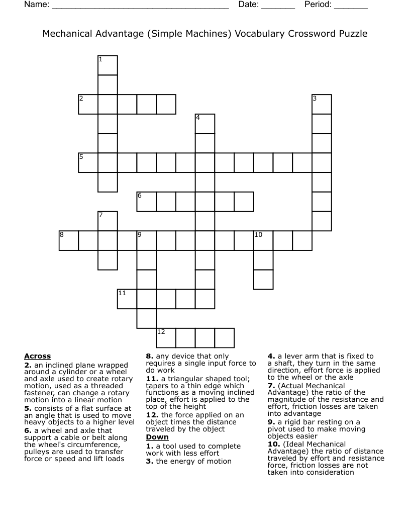 Mechanical Advantage Simple Machines Vocabulary Crossword Puzzle Mechanical Advantage Simple Machines Vocabulary Crossword Puzzle