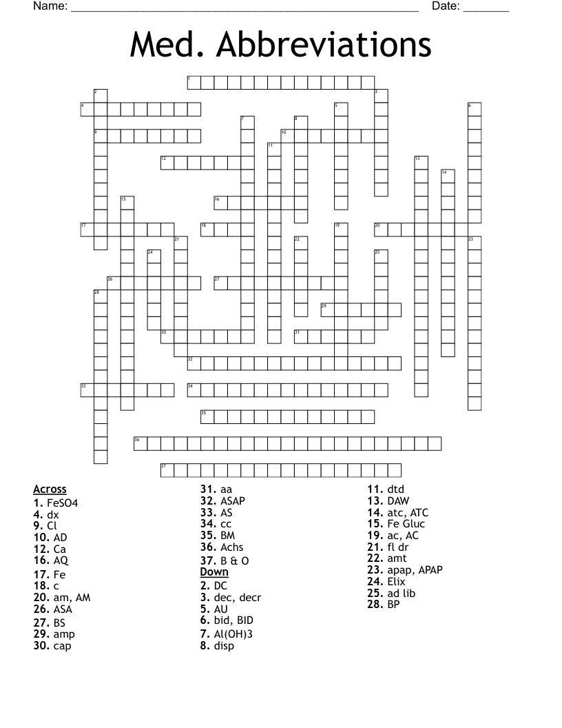 Med Abbreviations Crossword WordMint