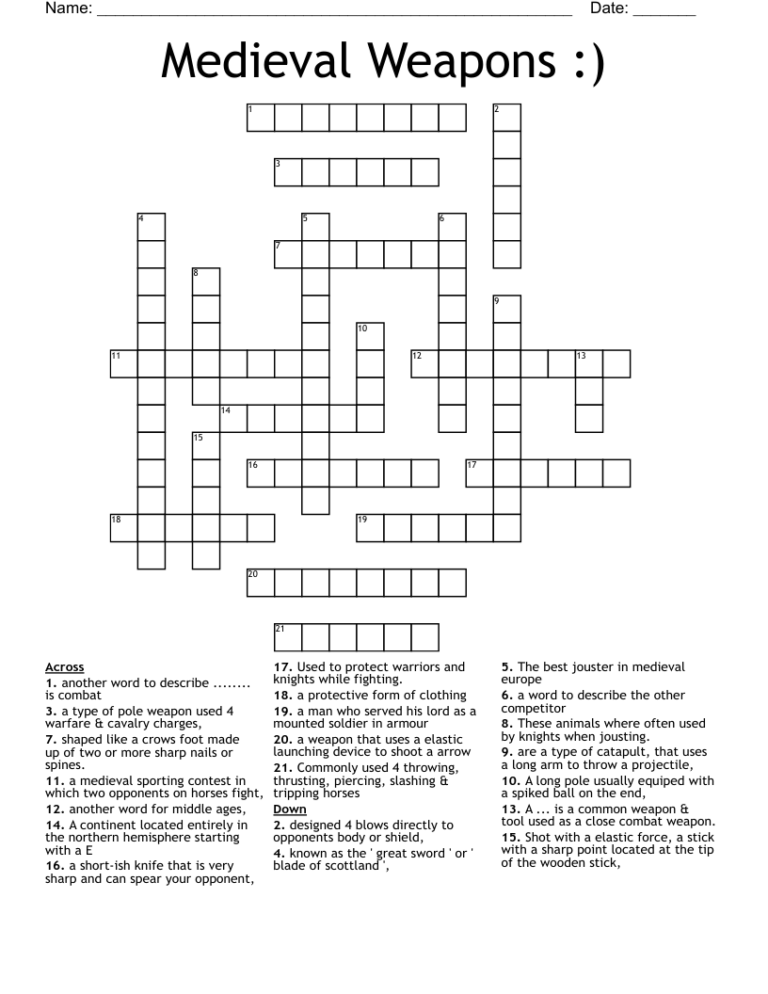 Medieval Weapons Crossword WordMint