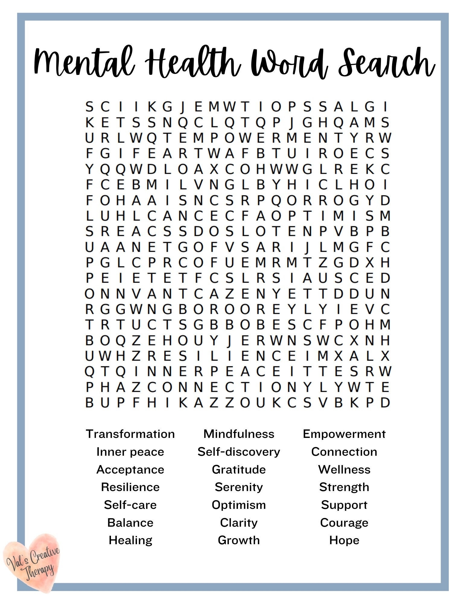 Mental Health Crossword Calming Crossword Puzzle Feel Good Puzzle