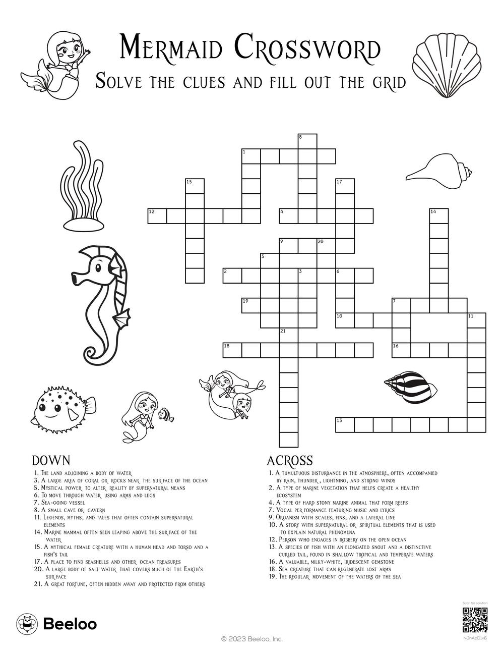 Mermaid Crossword Beeloo Printable Crafts And Activities For Kids