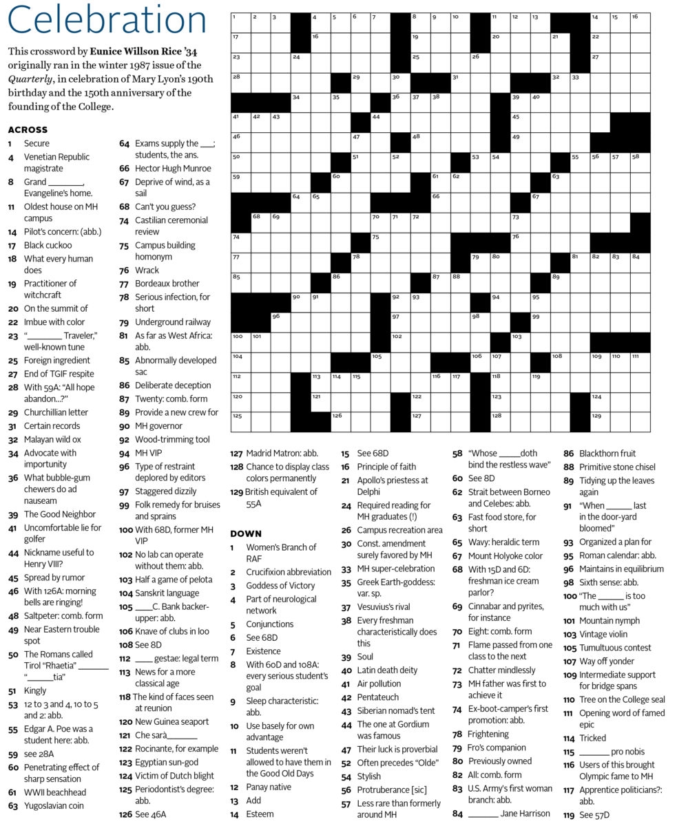 MHC Crossword Puzzle A Challenge For All Mount Holyoke Wonks Worksheets Library