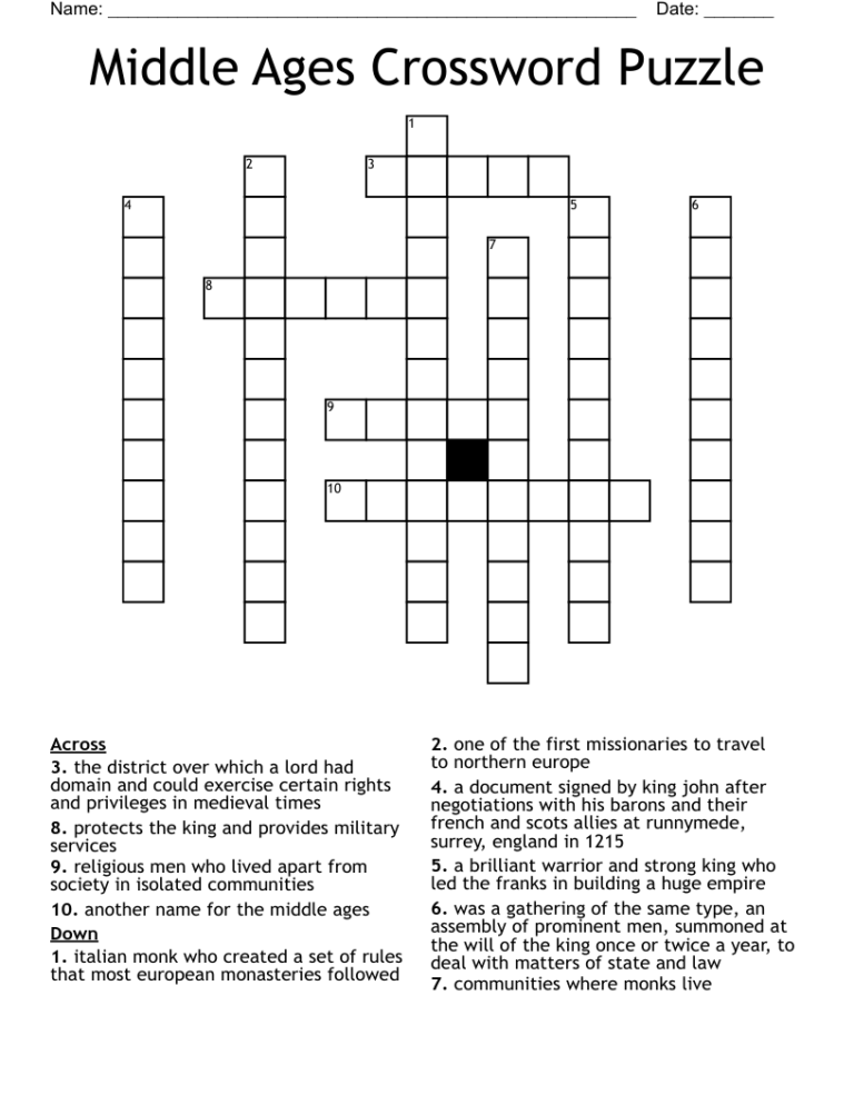 Middle Ages Crossword Puzzle WordMint