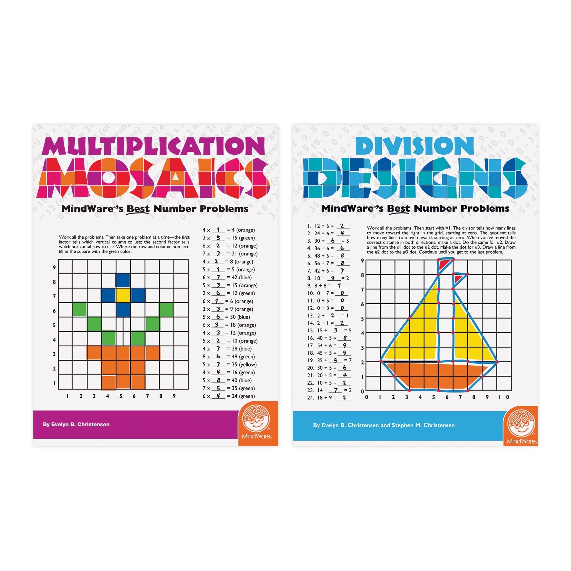 MindWare Math Mosaics Multiplication And Division Set Of 2 30 Single Page Visual Puzzles Plus Illustrated Solutions In Each Book Ages 8 And Up
