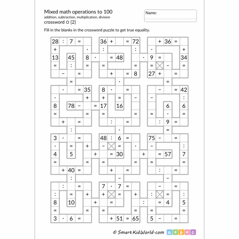 Mixed Math Operations To 100 4 Operations Mixed Math Crossword Puzzles Series 1 2 SmartKidWorld