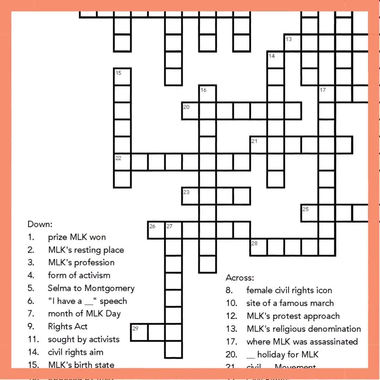 MLK Day Crossword Puzzle Educational Activity For Students And Teachers Civil Rights Martin Luther King Jr Printable PDF
