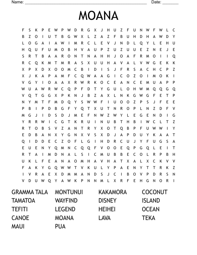 MOANA Word Search WordMint