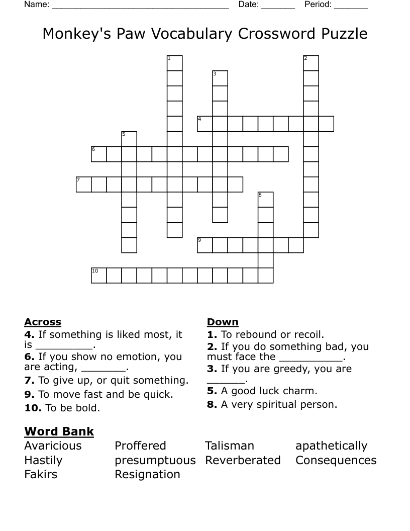 Monkey s Paw Vocabulary Crossword Puzzle WordMint