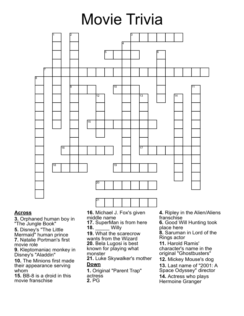 Printable Movie Trivia Crossword Puzzles