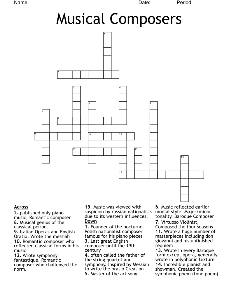 Musical Composers Crossword WordMint