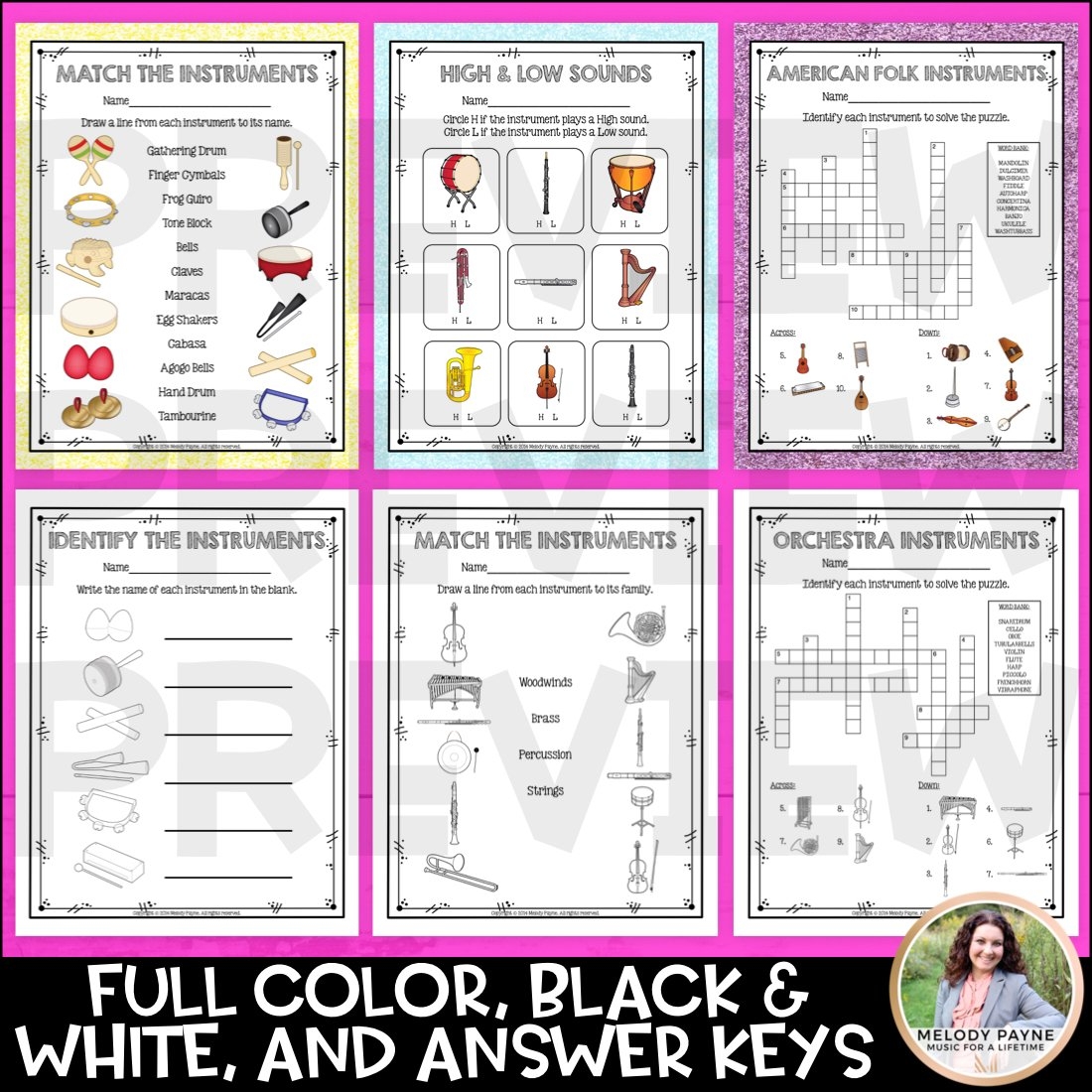 Musical Instrument Worksheets And Crossword Puzzles For Elementary Music Class Melody Payne Music For A Lifetime