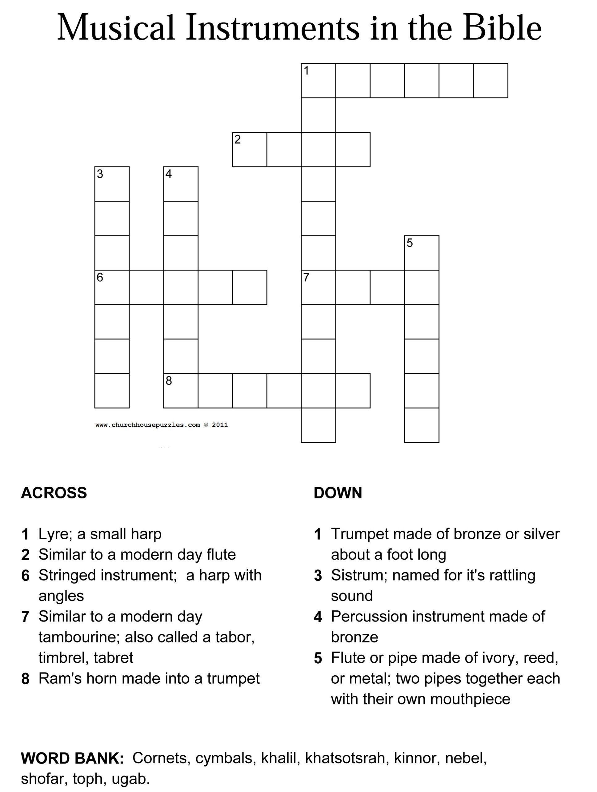 Musical Instruments Crossword Puzzle Worksheet Answers