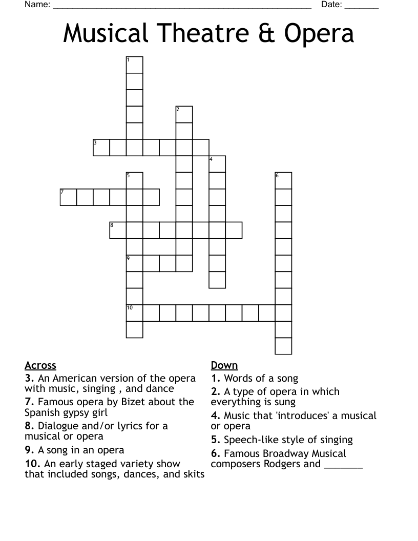 Musical Theatre U0026 Opera Crossword WordMint