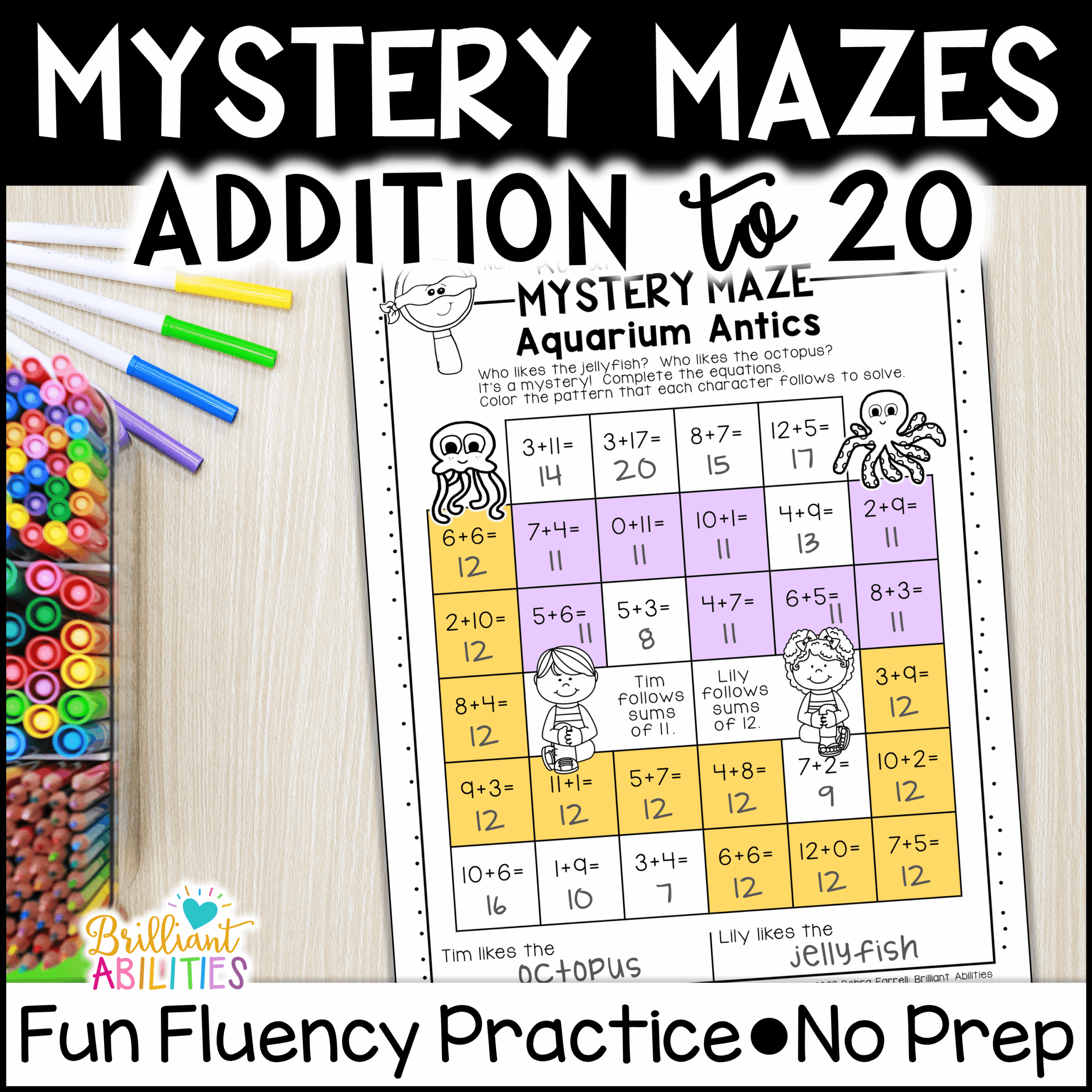 Mystery Math Mazes Addition Within 20 Math Fact Fluency Practice Worksheets NO PREP Made By Teachers
