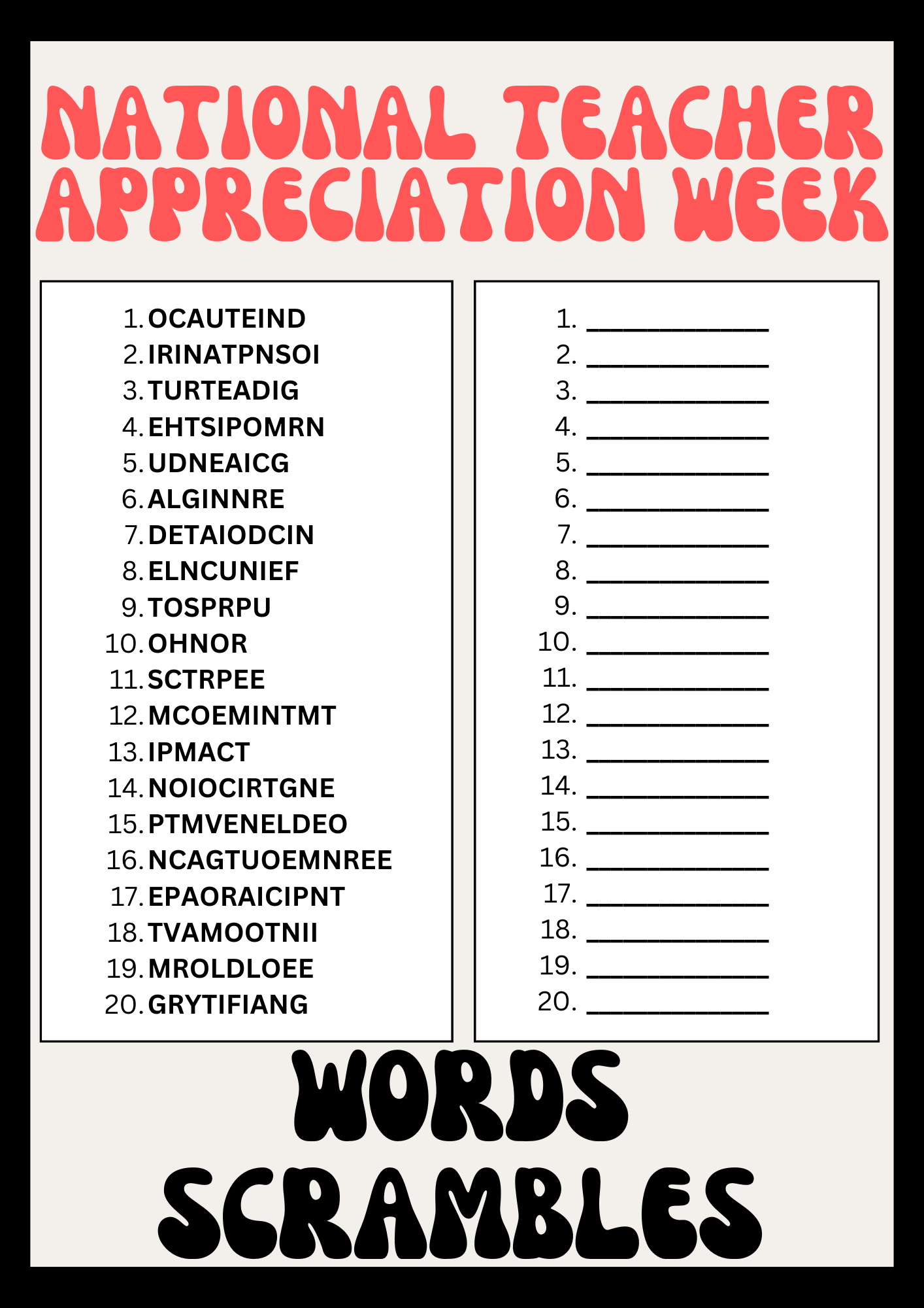 National Teacher Appreciation Week Word Scrambles Puzzle Worksheet Printables Activity Made By Teachers