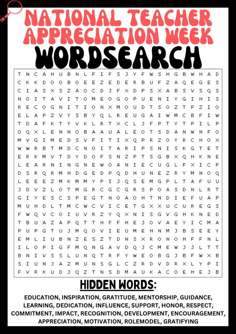 NATIONAL TEACHER APPRECIATION Wordsearch Puzzle Worksheet Printables Activity Made By Teachers
