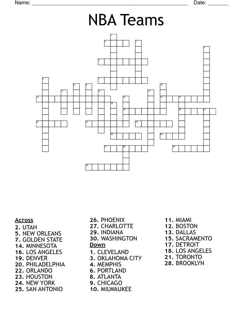 NBA Teams Crossword WordMint NBA Teams Crossword WordMint
