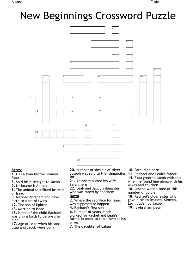 New Beginnings Crossword Puzzle WordMint