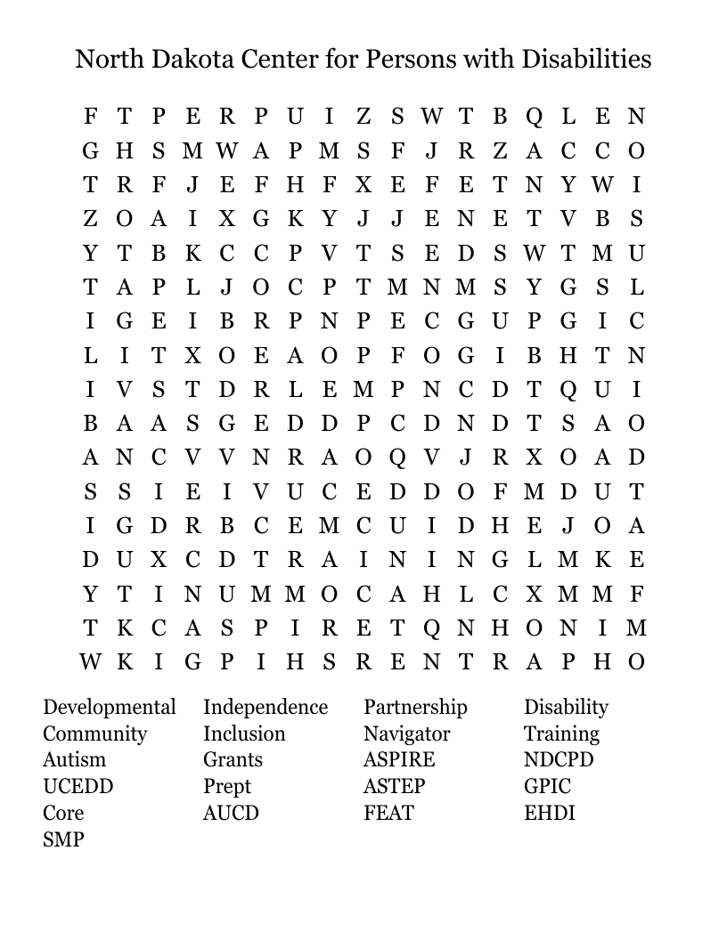 North Dakota Center For Persons With Disabilities Word Search North Dakota Center For Persons With Disabilities Word Search