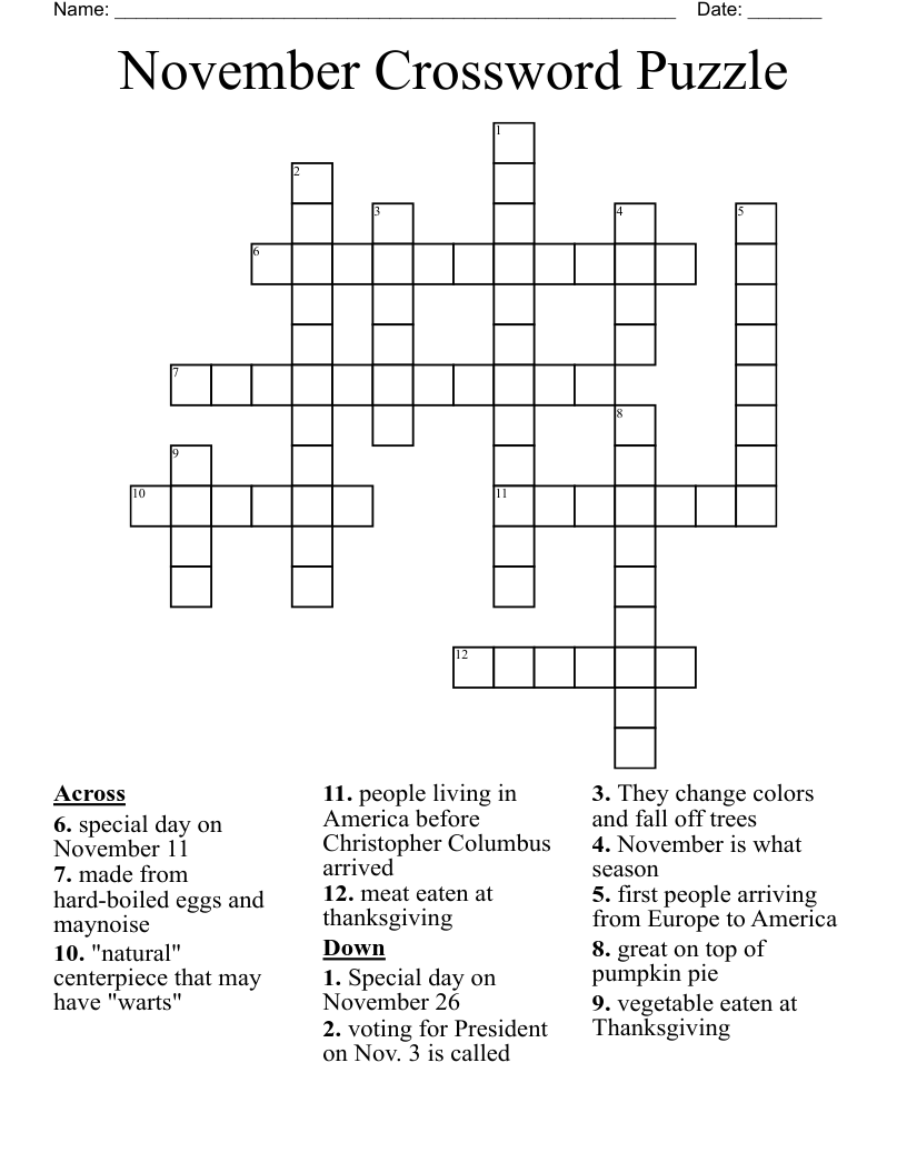 November Crossword Puzzle WordMint