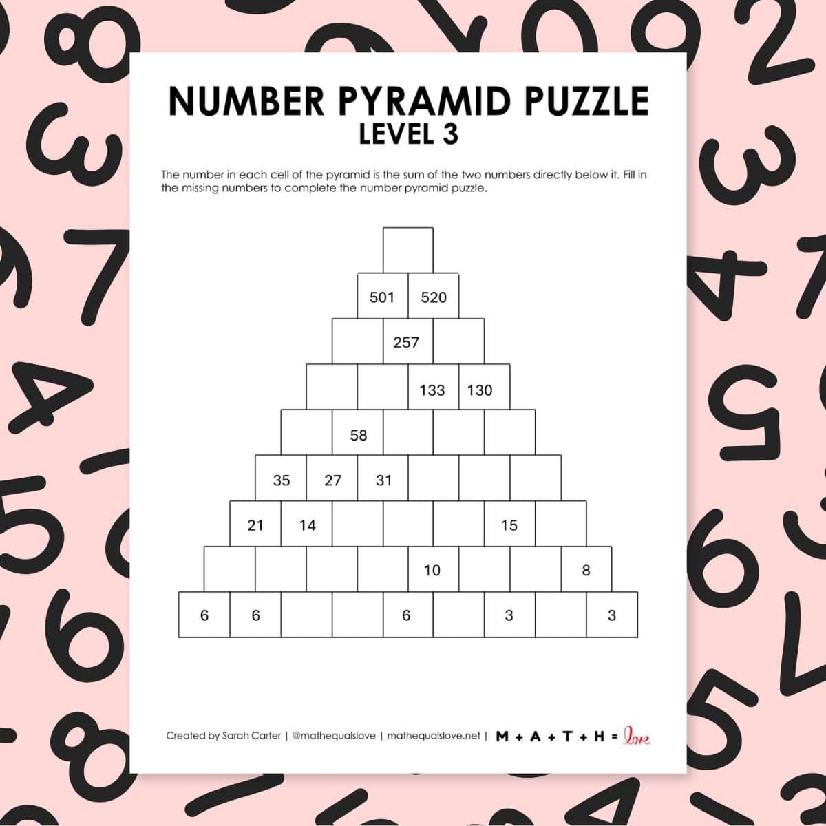 Number Pyramid Puzzles Math U003d Love