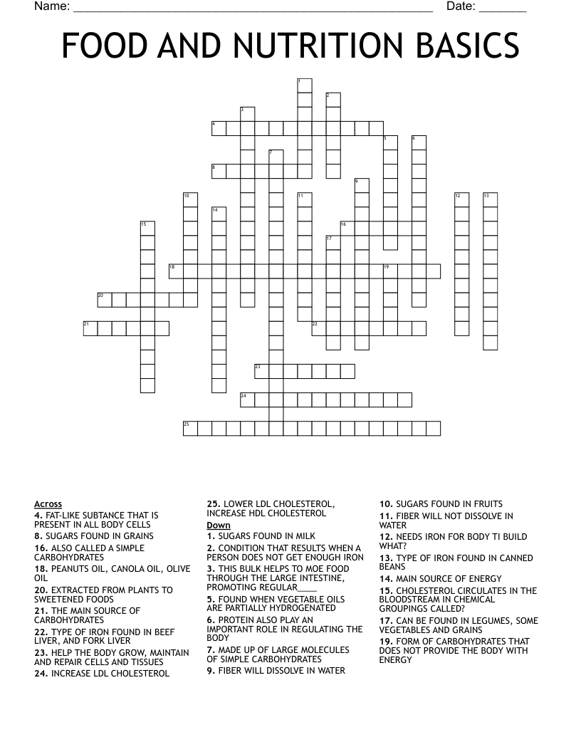 Nutrition Crossword Puzzle Answers