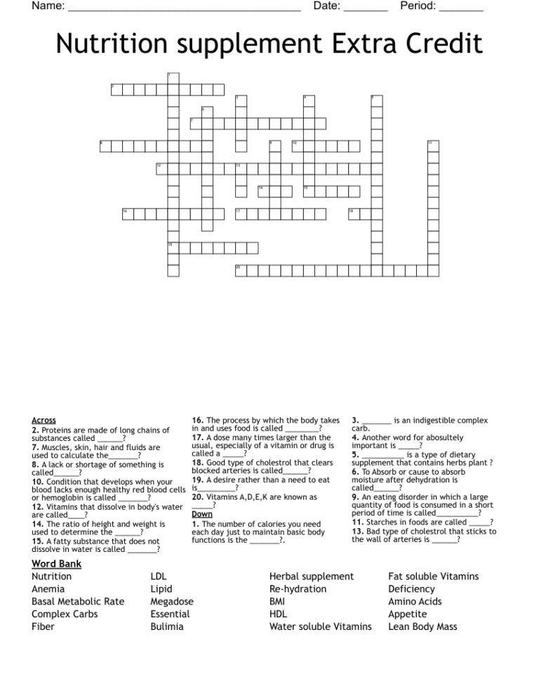Nutrition Supplement Extra Credit Crossword WordMint