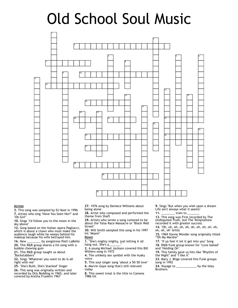Old School Soul Music Crossword WordMint Worksheets Library