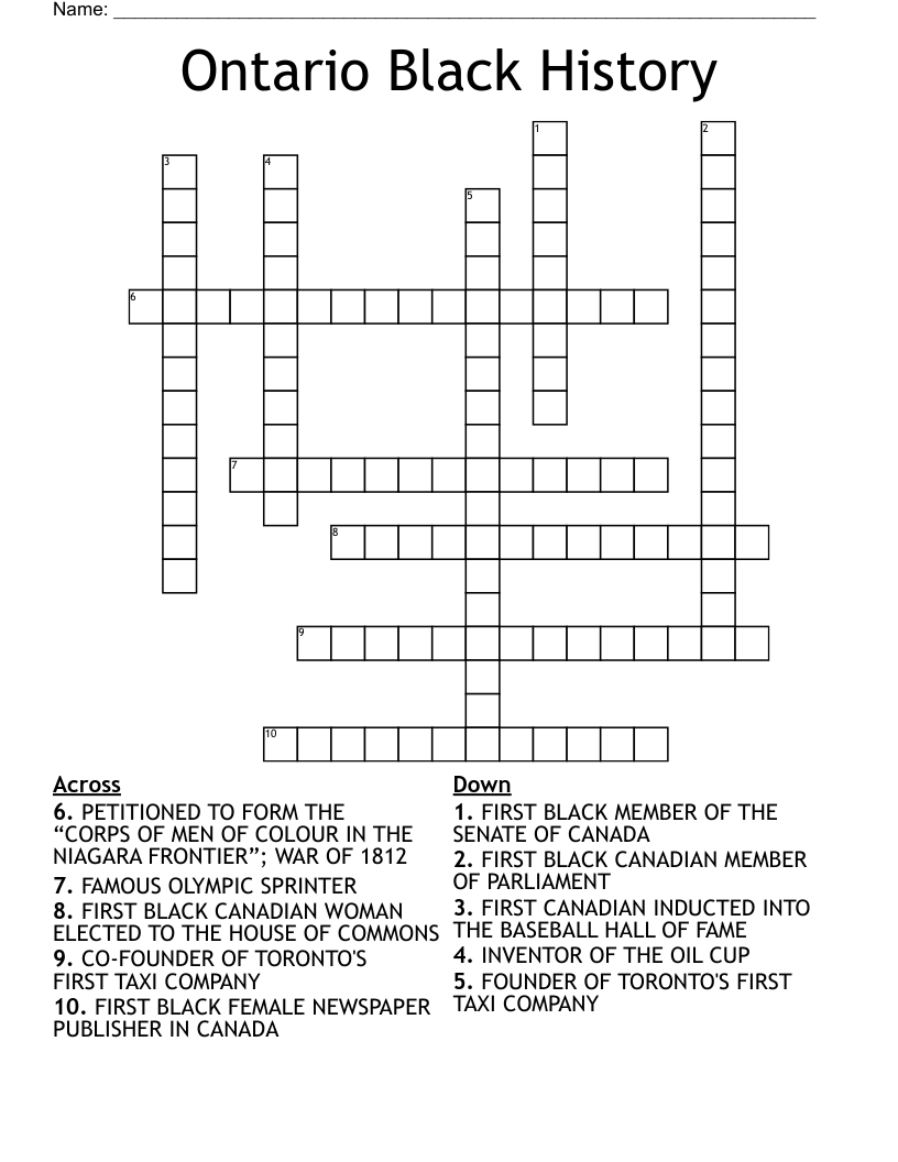 Ontario Black History Crossword WordMint Ontario Black History Crossword WordMint